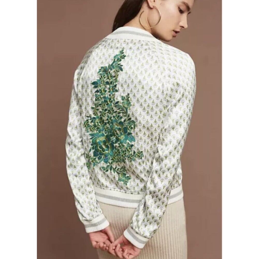 Tiny Editions Anthropologie Jacket Medium Ivory Floral Amber Embroidered Bomber - Picture 3 of 11